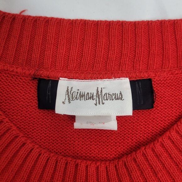 VINTAGE 80s Neiman Marcus leather bow‎ red sweater tunic with pearls L - Picture 6 of 15